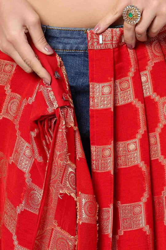 Jiva Red Georgette Embroidered Ready to Wear One Minute Saree