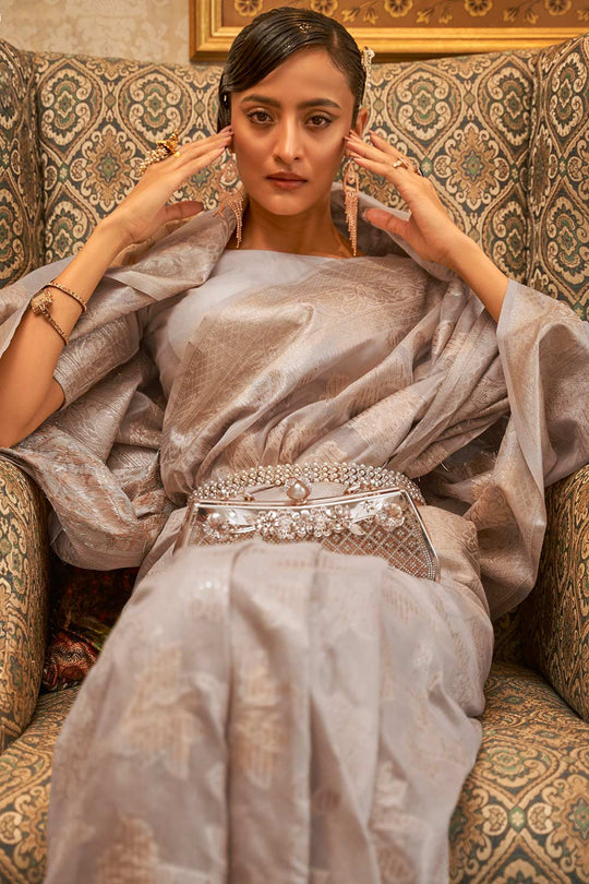 Alika Light Grey Modal Handloom Sequins Silk One Minute Saree