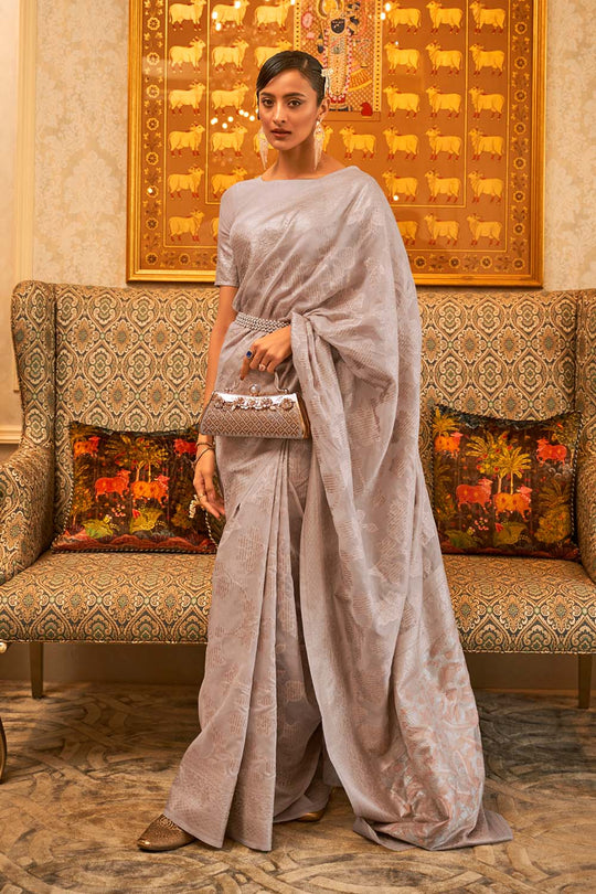 Alika Light Grey Modal Handloom Sequins Silk One Minute Saree