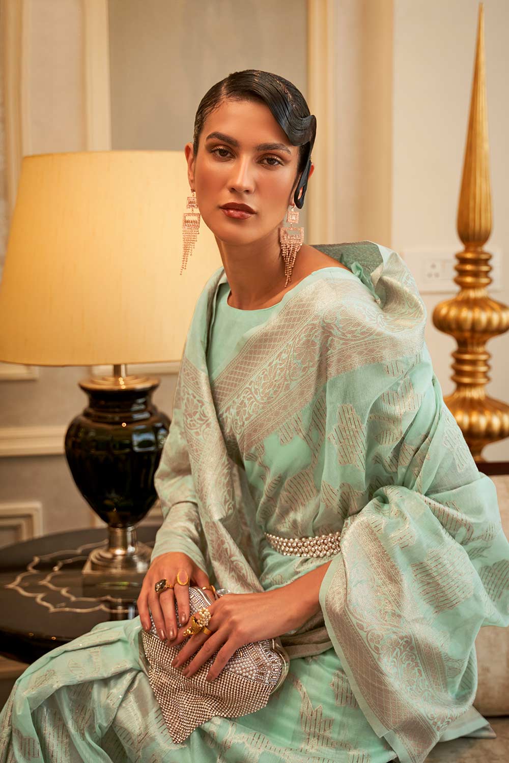 Alika Light Green Modal Handloom Sequins Silk One Minute Saree