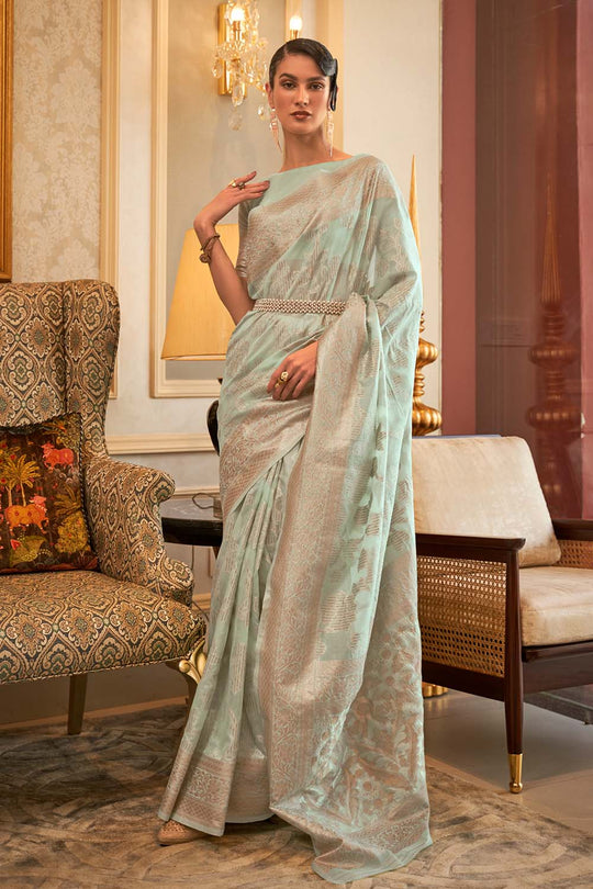 Alika Light Green Modal Handloom Sequins Silk One Minute Saree