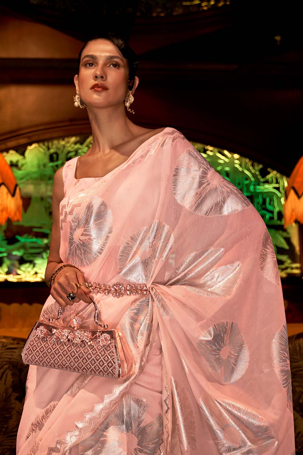 Victoria Light Pink Zari Handloom Weaving Silk One Minute Saree