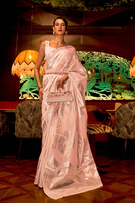 Victoria Light Pink Zari Handloom Weaving Silk One Minute Saree