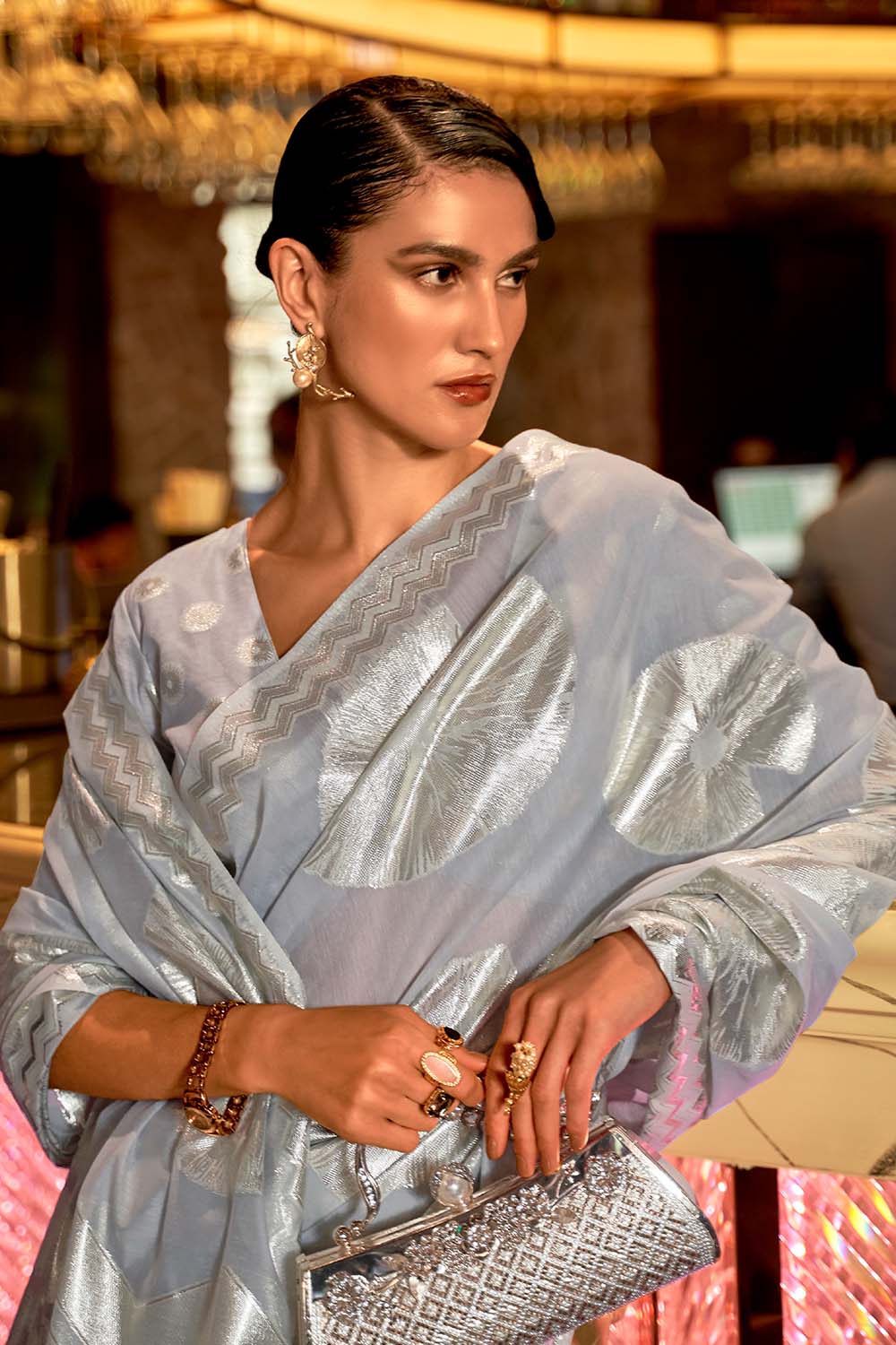 Victoria Grey Zari Handloom Weaving Silk One Minute Saree