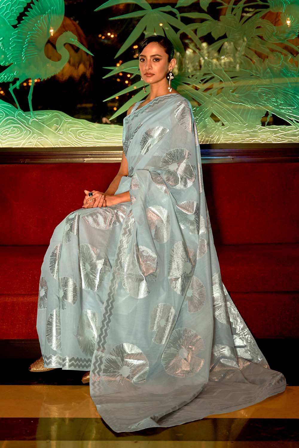 Victoria Blue Zari Handloom Weaving Silk One Minute Saree