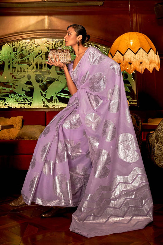 Victoria Light Lavender Zari Handloom Weaving Silk One Minute Saree