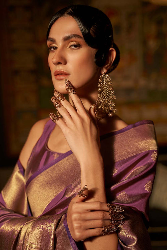Anaya Purple Zari Handloom Weaving Silk One Minute Saree