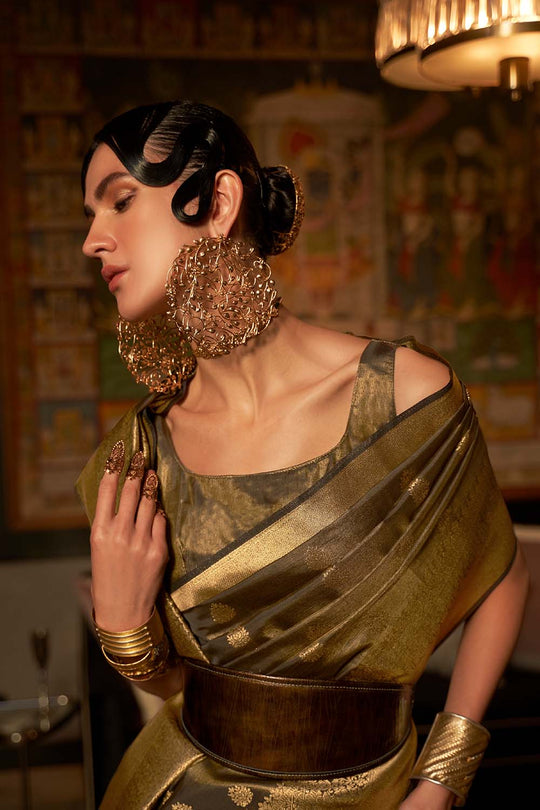 Zoha Olive Green Zari Handloom Weaving Silk One Minute Saree