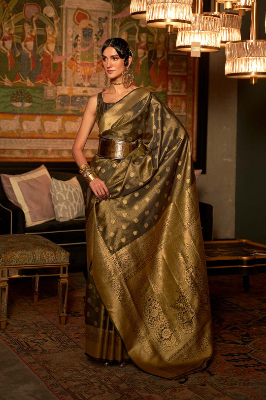 Zoha Olive Green Zari Handloom Weaving Silk One Minute Saree