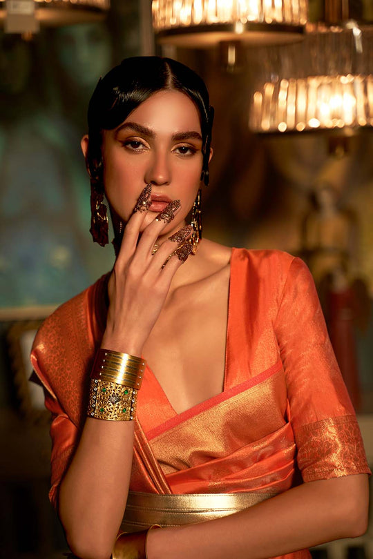 Zoha Peach Zari Handloom Weaving Silk One Minute Saree