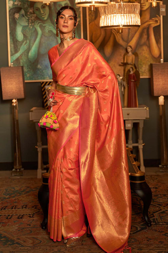 Zoha Peach Zari Handloom Weaving Silk One Minute Saree