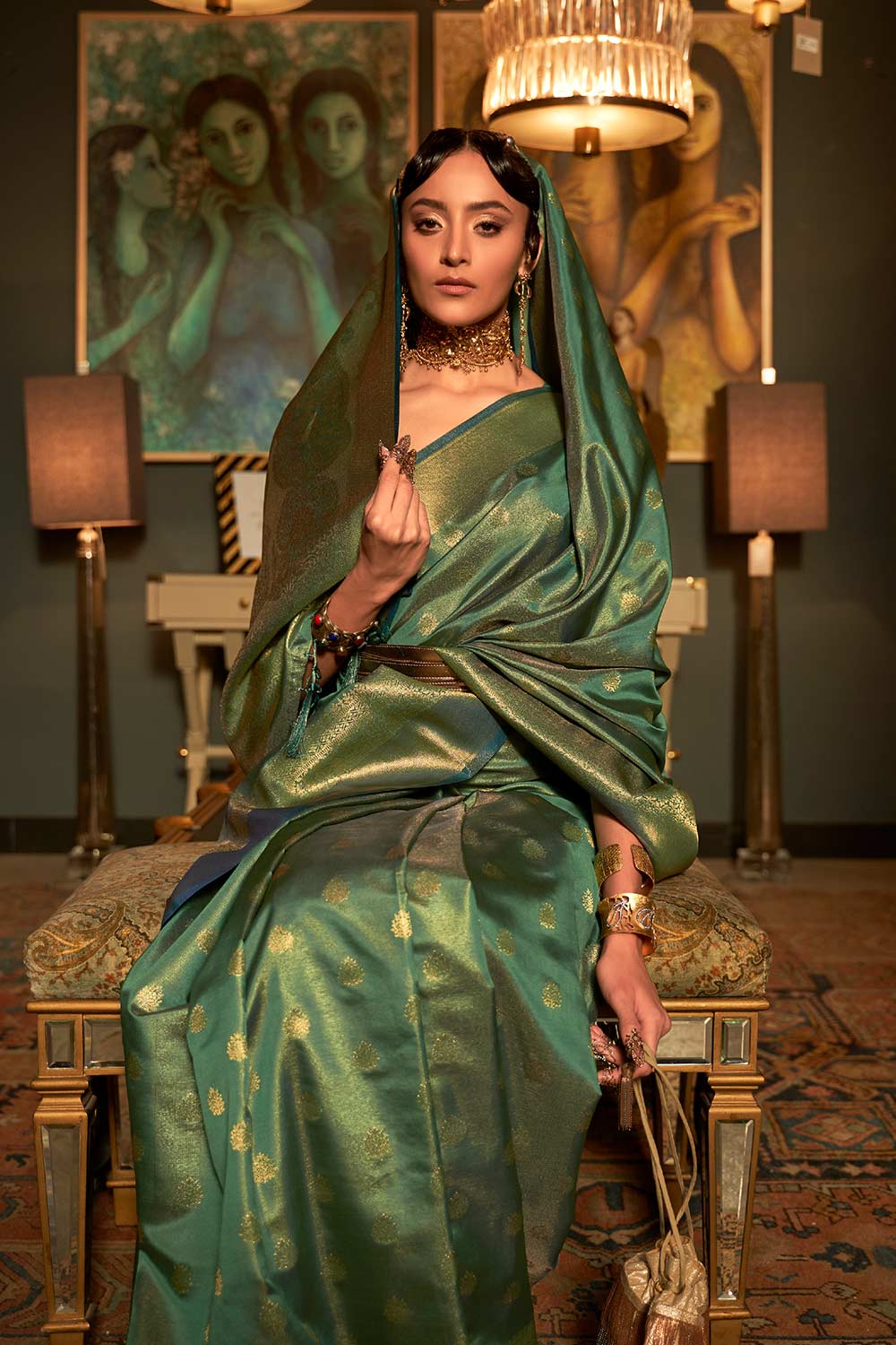 Zoha Green Zari Handloom Weaving Silk One Minute Saree