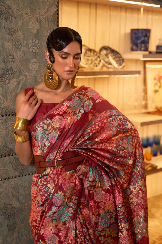 Fiora Red Zari Handloom Weaving Silk One Minute Saree