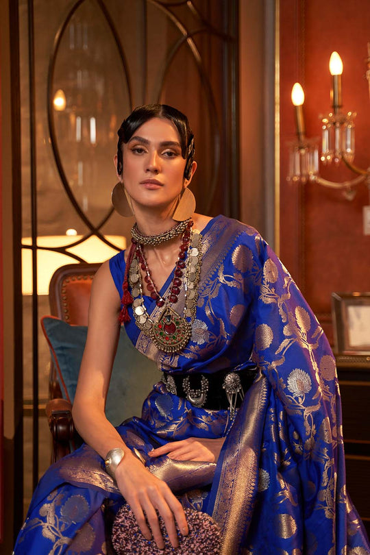 Calista Dark Blue Handloom Silk One Minute Saree