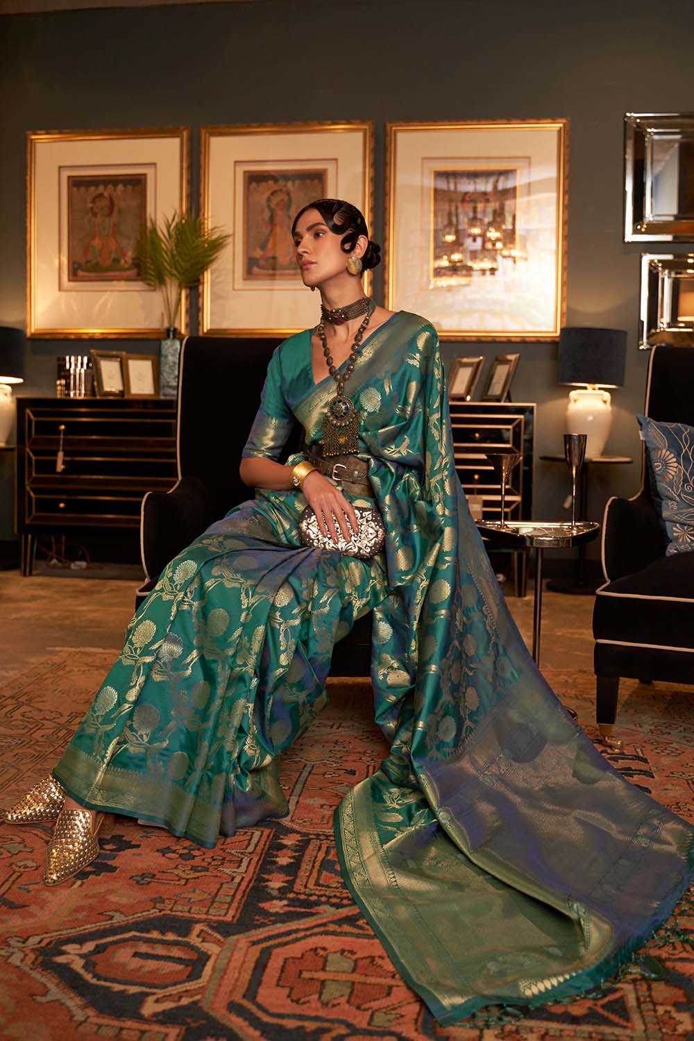 Calista Green Handloom Silk One Minute Saree