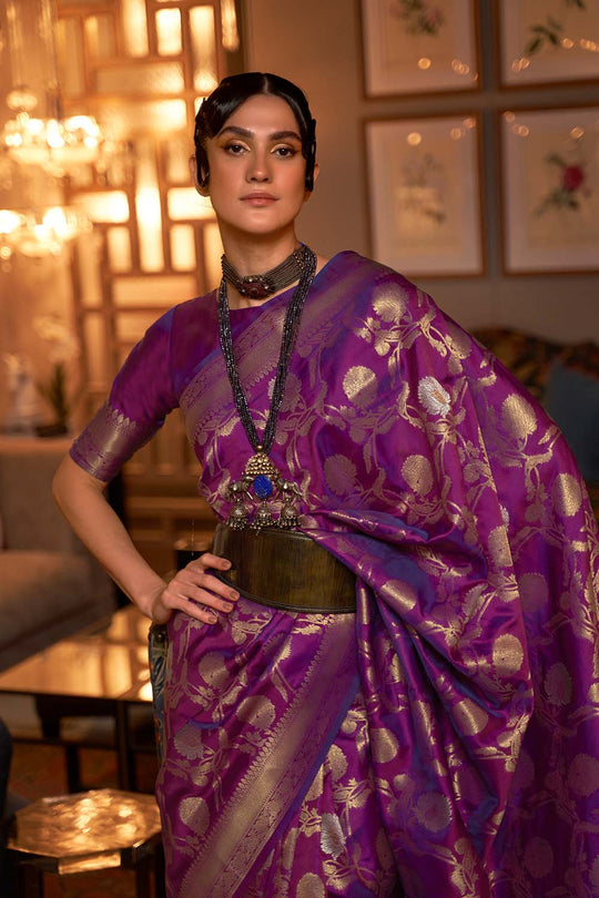 Calista Purple Handloom Silk One Minute Saree