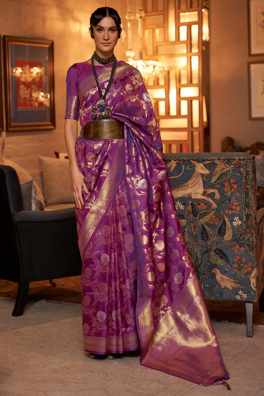 Calista Purple Handloom Silk One Minute Saree