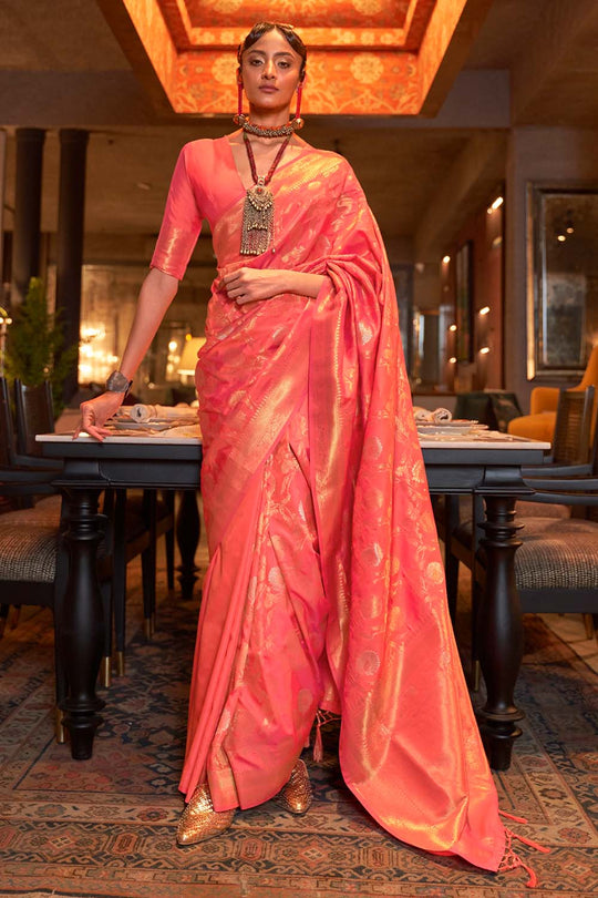 Calista Peach Handloom Silk One Minute Saree