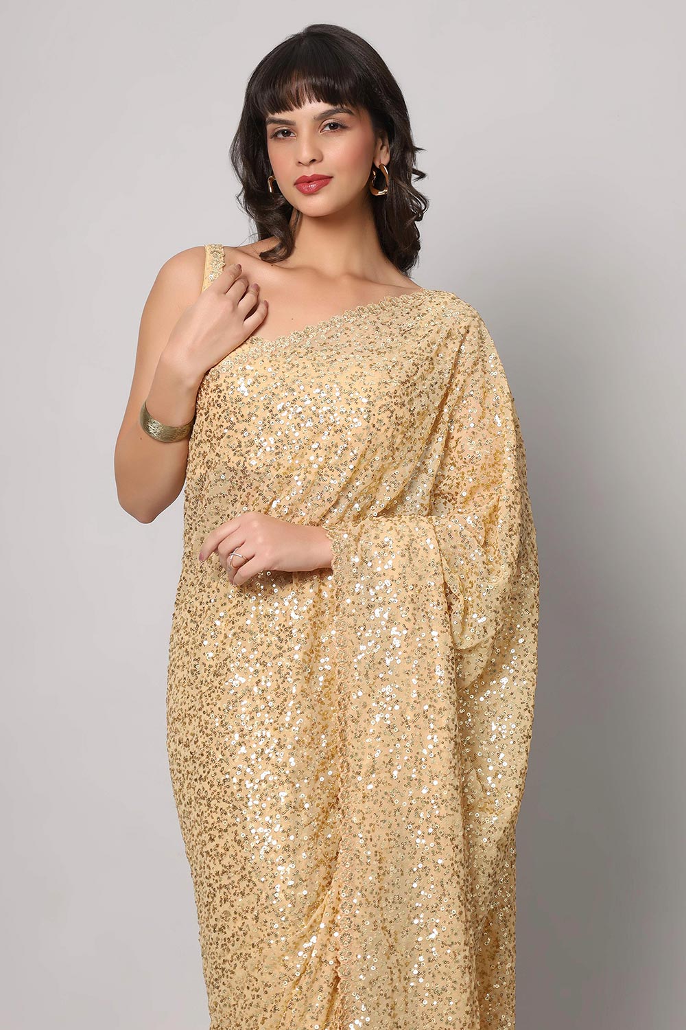 Kylie Beige Georgette Sequins with Embroidery Ready to Wear One Minute Saree