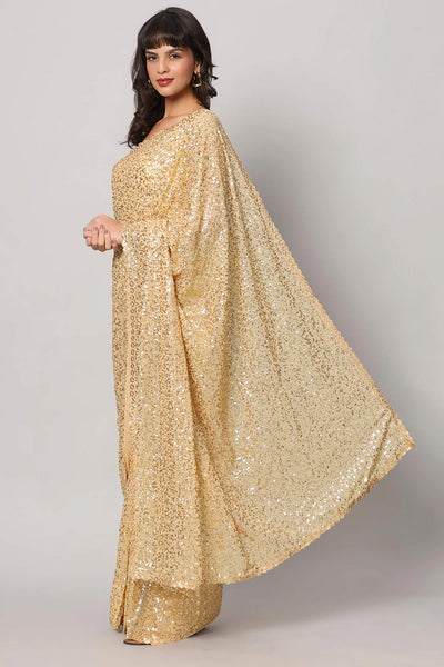 Kylie Beige Georgette Gold Sequins Embroidery One Minute Saree