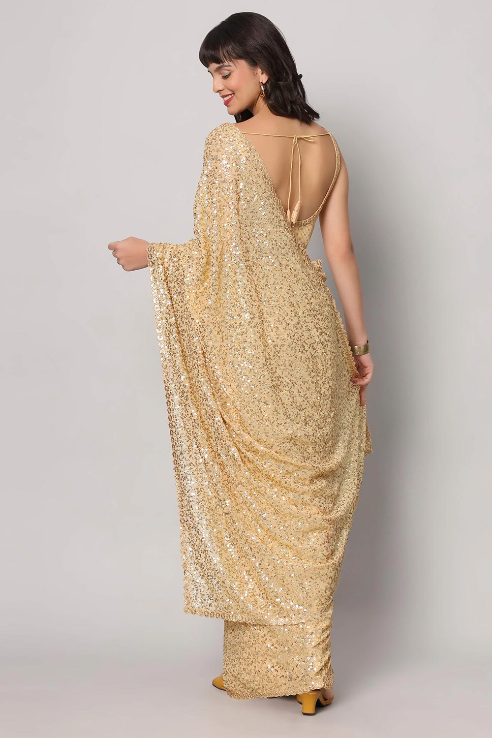 Kylie Beige Georgette Sequins with Embroidery Ready to Wear One Minute Saree