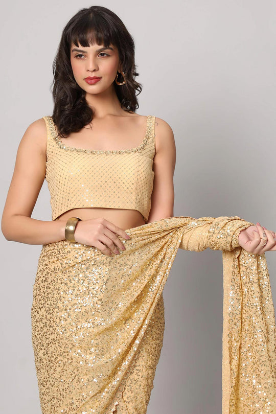 Kylie Beige Georgette Sequins with Embroidery Ready to Wear One Minute Saree