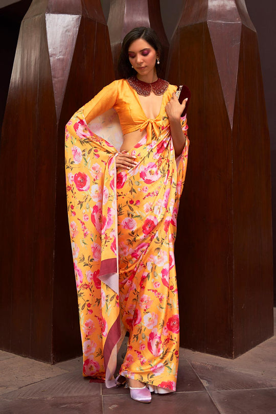 Nadia Yellow Floral Printed  Satin One Minute Saree