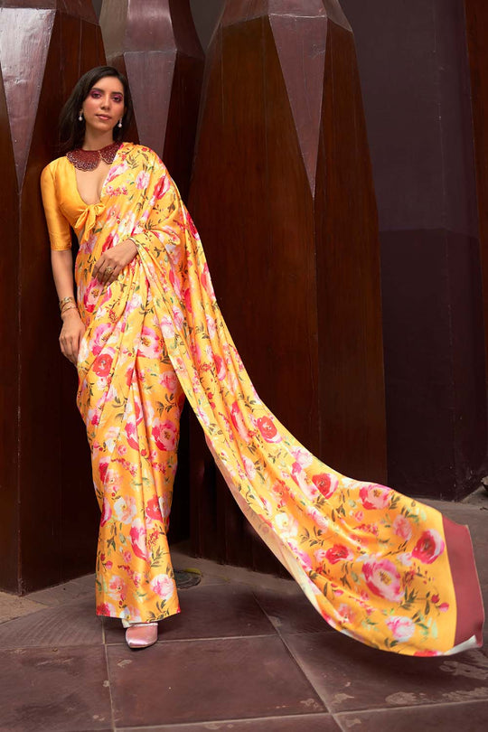 Nadia Yellow Floral Printed  Satin One Minute Saree