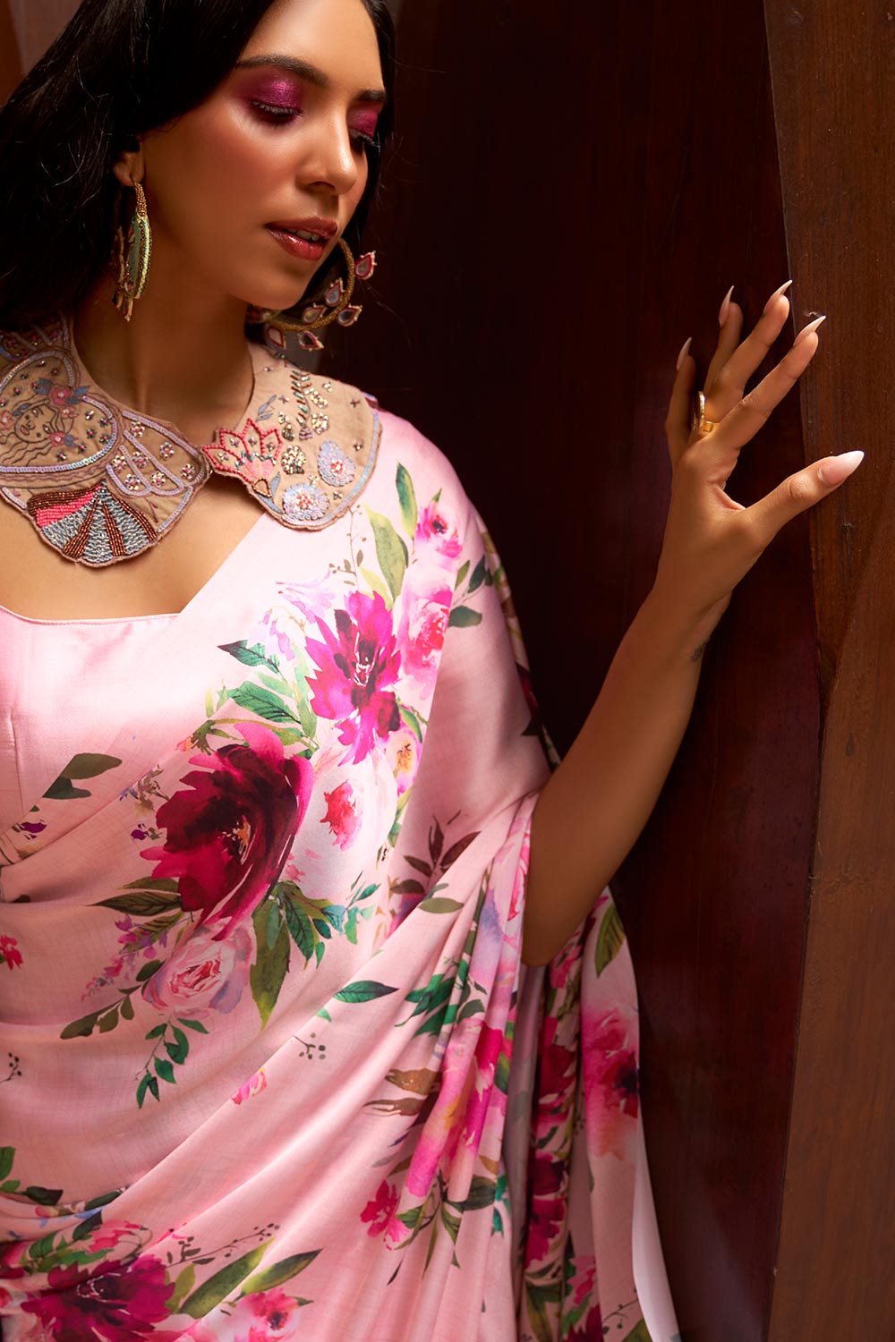 Nadia Light Pink Floral Printed Satin One Minute Saree