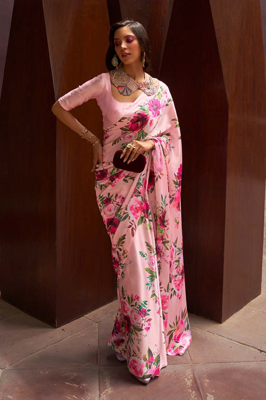 Nadia Light Pink Floral Printed Satin One Minute Saree