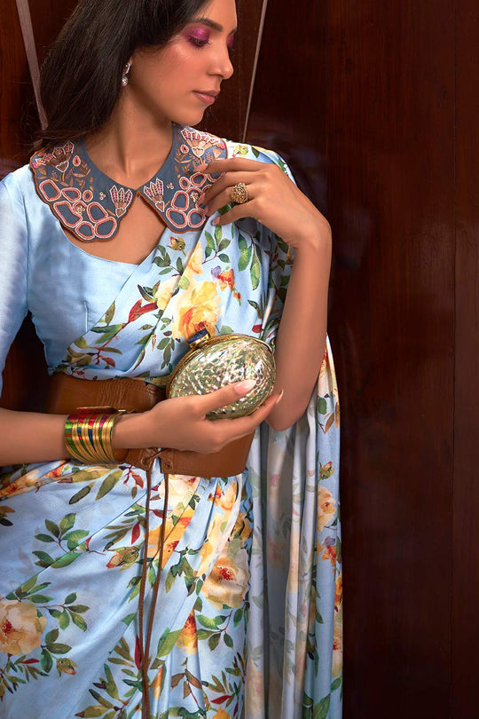 Nadia Light Blue Floral Printed  Satin One Minute Saree