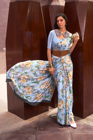 Nadia Light Blue Floral Printed  Satin One Minute Saree