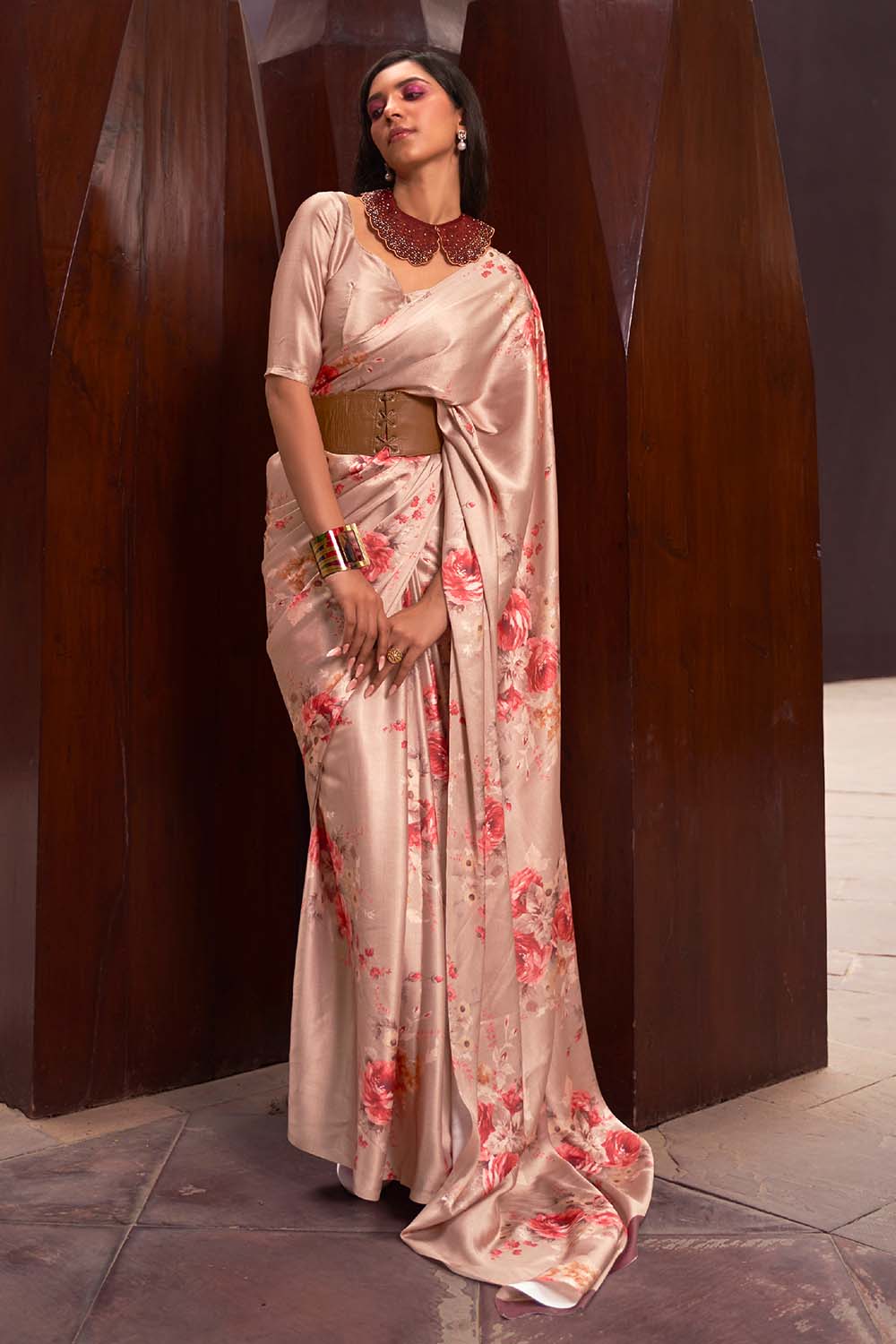 Nadia Light Pink Floral Printed Satin One Minute Saree