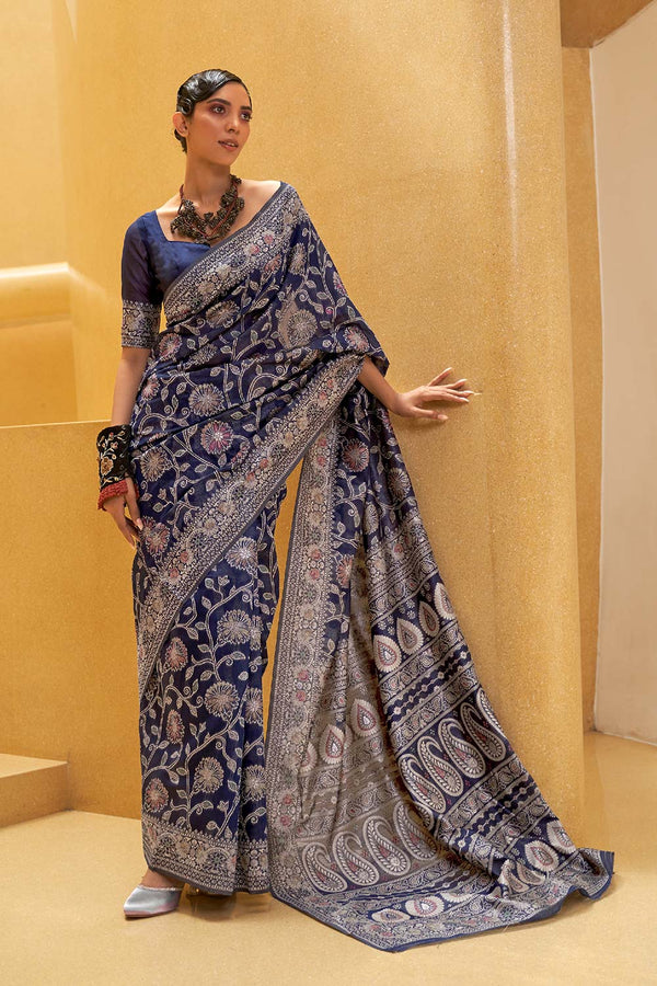 Ruhi Navy Blue Cotton Chikankari One Minute Saree