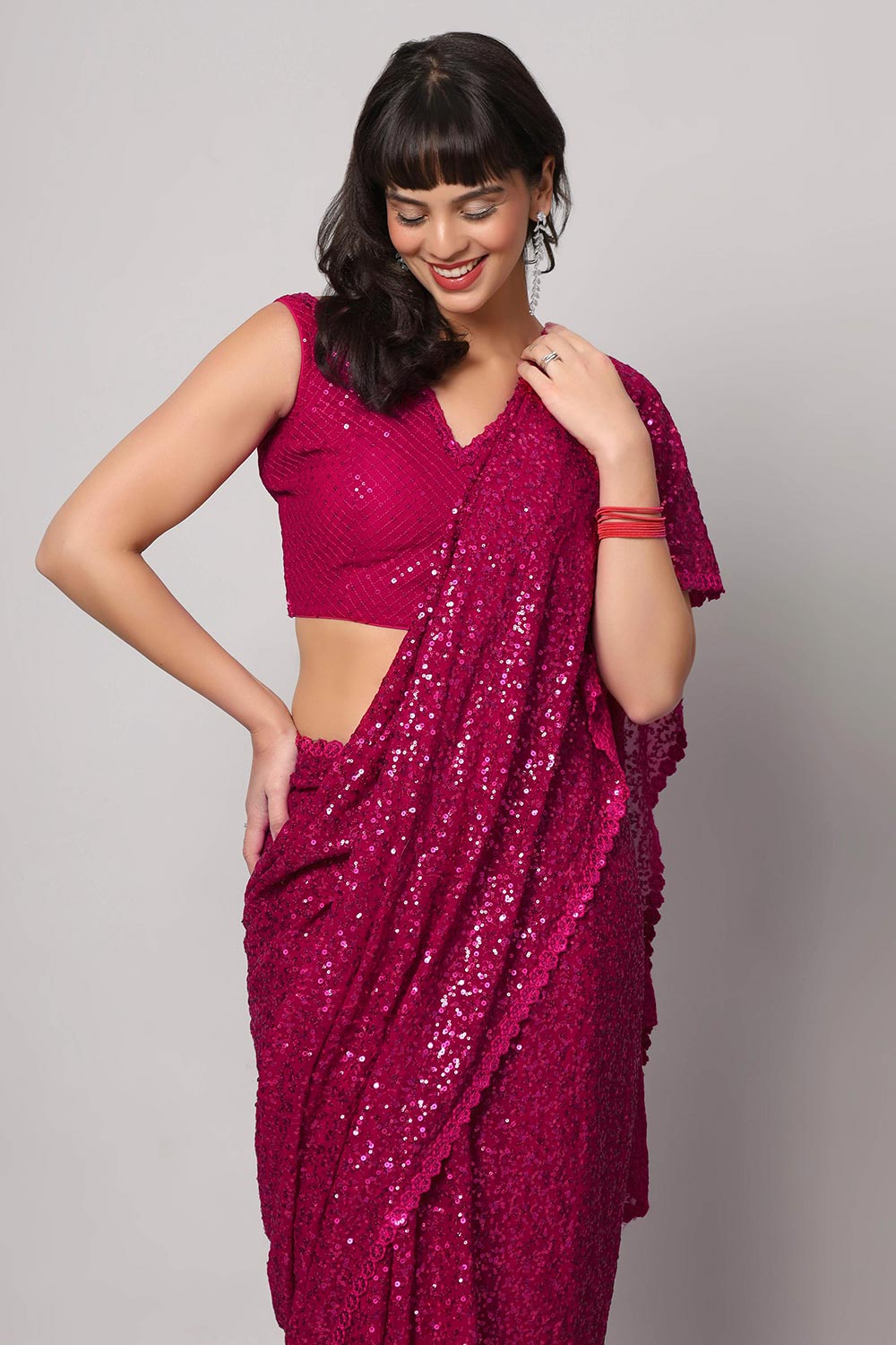 Tasha Pink Faux Georgette Sequins with Embroidery Ready to Wear One Minute Saree
