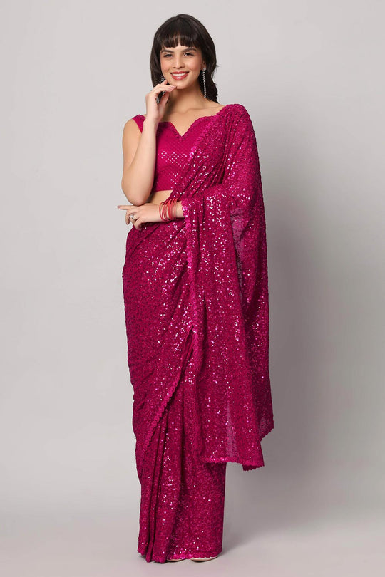 Tasha Pink Faux Georgette Sequins with Embroidery Ready to Wear One Minute Saree