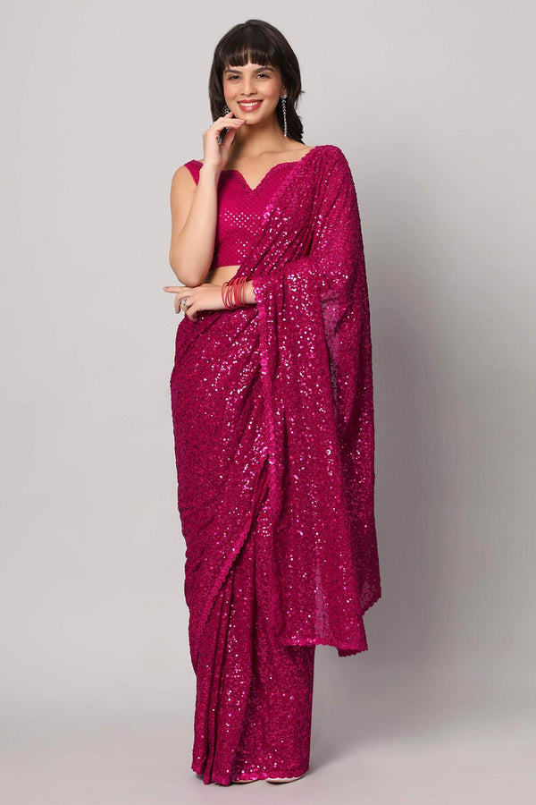Tasha Pink Sequins Embroidery Faux Georgette One Minute Saree