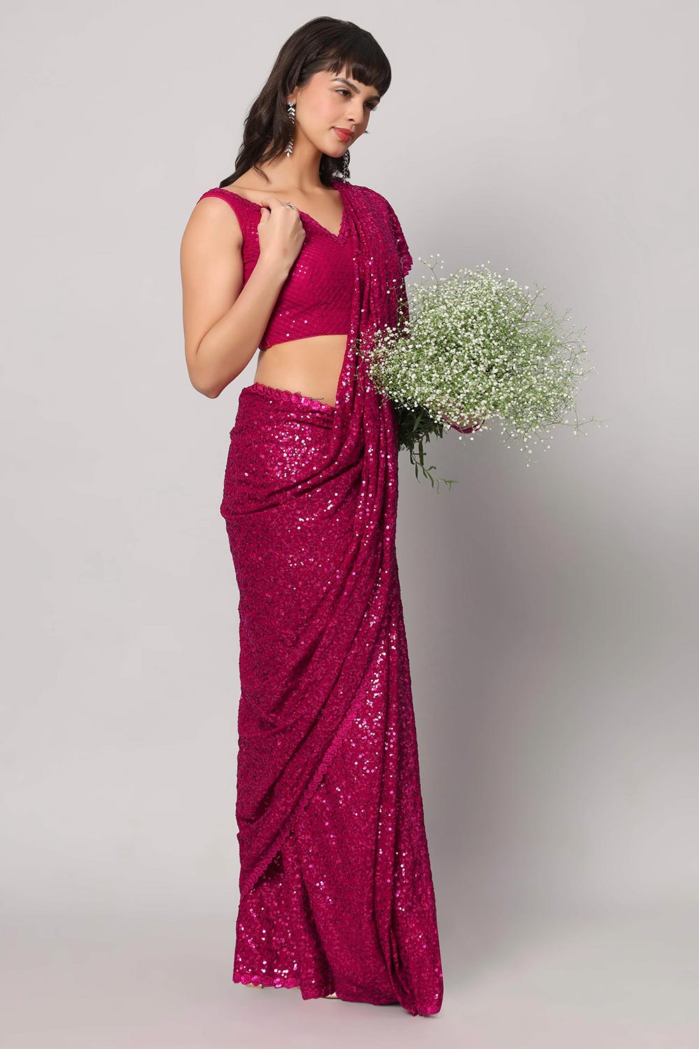 Tasha Pink Faux Georgette Sequins with Embroidery Ready to Wear One Minute Saree