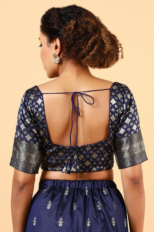 Ana Navy Blue Silk Blend Banarasi One Minute Saree