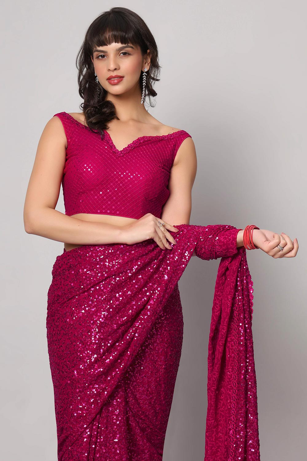 Tasha Pink Faux Georgette Sequins with Embroidery Ready to Wear One Minute Saree