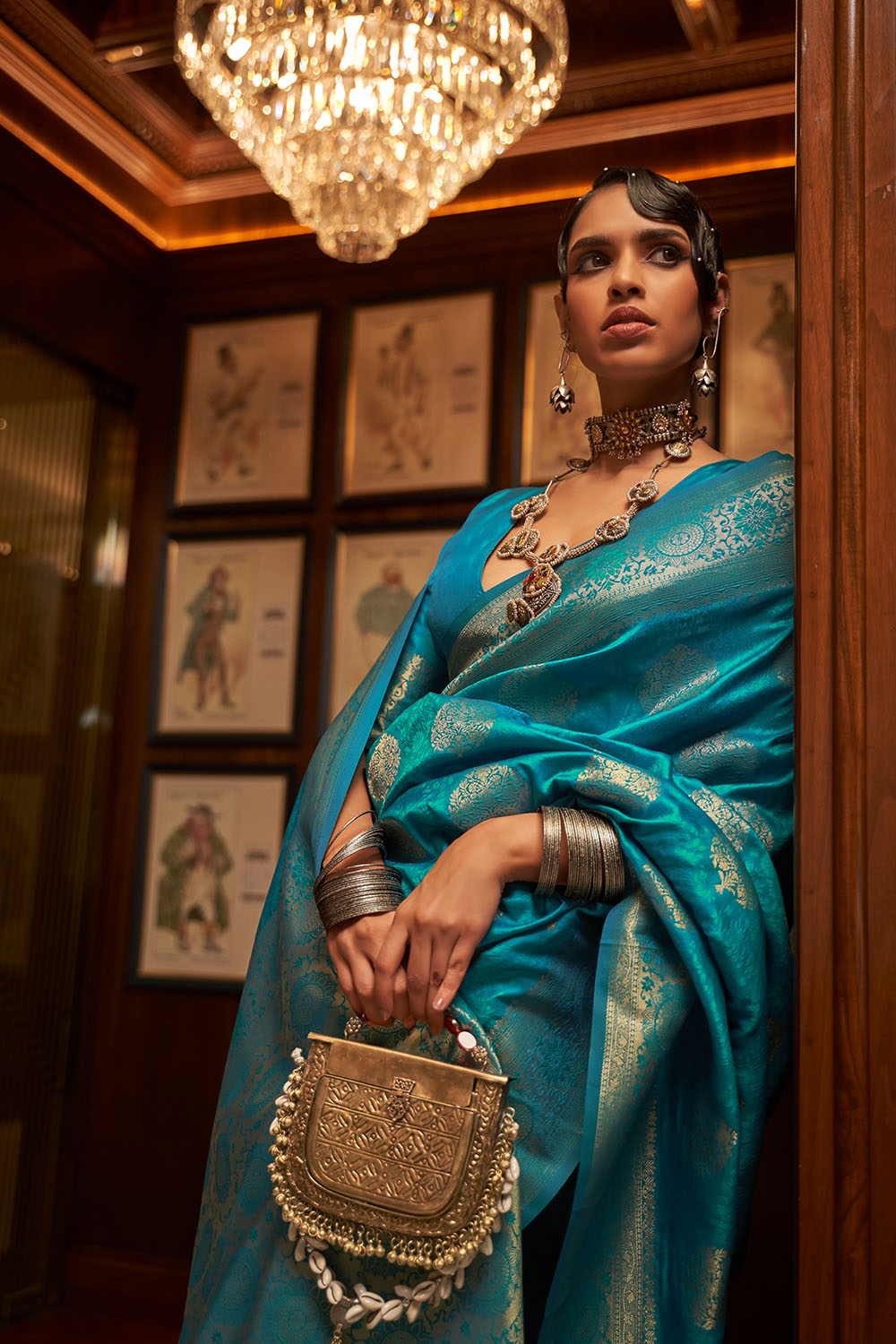 Mika Teal Blue Handloom Silk Zari Work Ready to Wear Saree