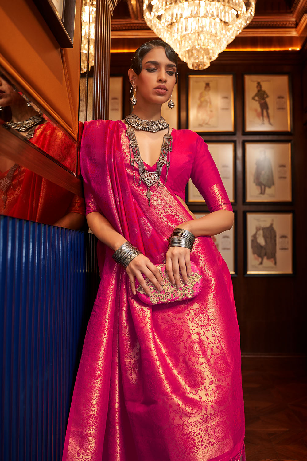 Mika Rani Pink Handloom Silk Zari Work Ready to Wear Saree