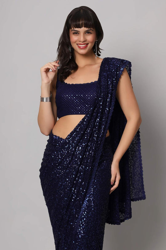 Jesse Royal Blue Georgette Sequins with Embroidery Ready to Wear One Minute Saree