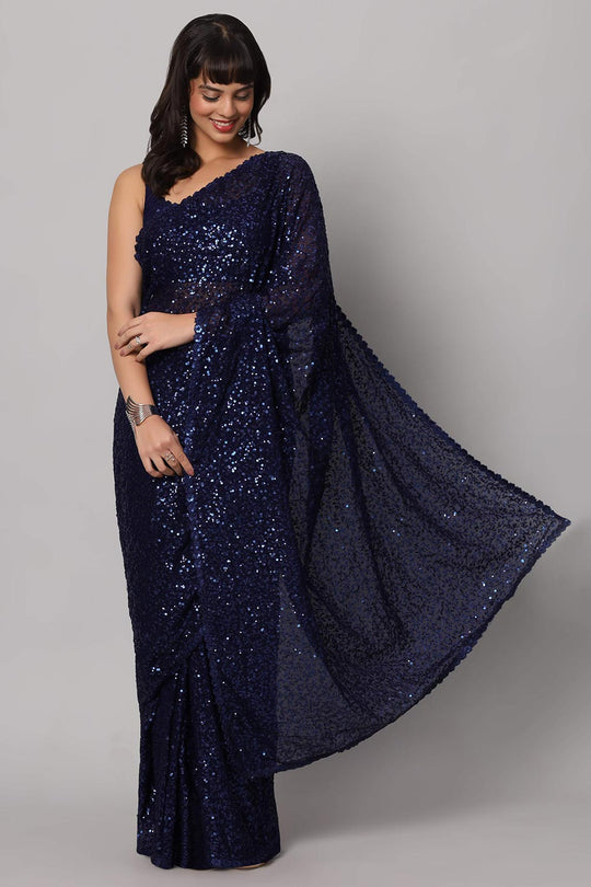 Jesse Royal Blue Georgette Sequins with Embroidery Ready to Wear One Minute Saree