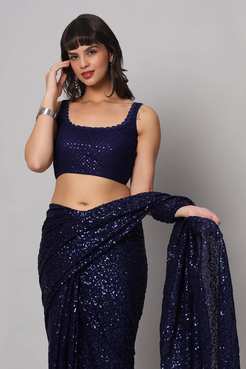 Jesse Royal Blue Georgette Sequins with Embroidery Ready to Wear One Minute Saree