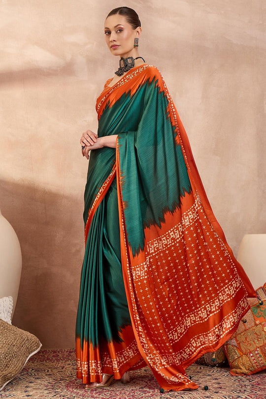 Kenya Green Modal Ajrakh Printed Ready to Wear One Minute Saree