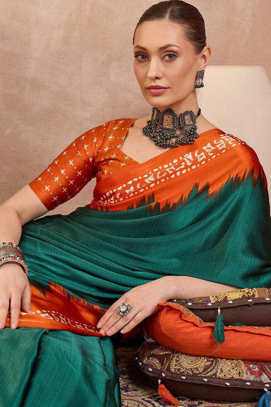 Kenya Green Modal Ajrakh Printed Ready to Wear One Minute Saree