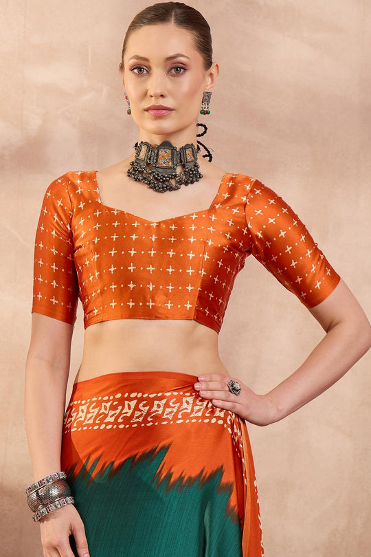 Kenya Green Modal Ajrakh Printed Ready to Wear One Minute Saree