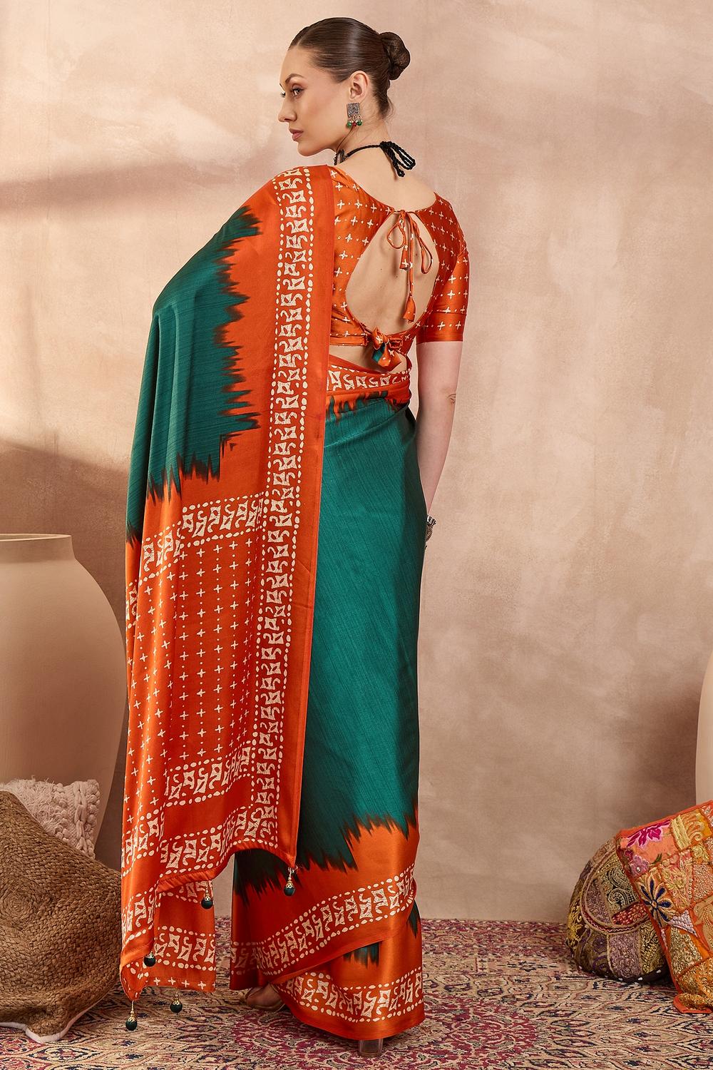 Kenya Green Modal Ajrakh Printed Ready to Wear One Minute Saree