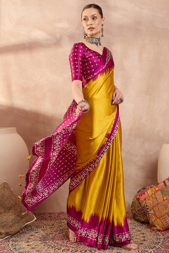 Kenya Yellow Modal Ajrakh Printed Ready to Wear One Minute Saree